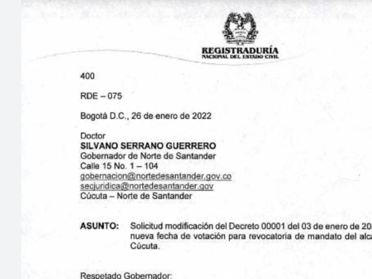 Registraduría pide cambio de revocatoria de Cúcuta para el 27 de marzo