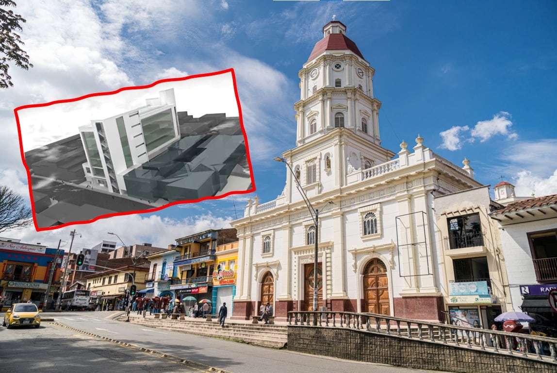 Caldas, Antioquia, con un recuadro del render del proyecto para el nuevo Hospital del Municipio. Cortesía: Getty Images.