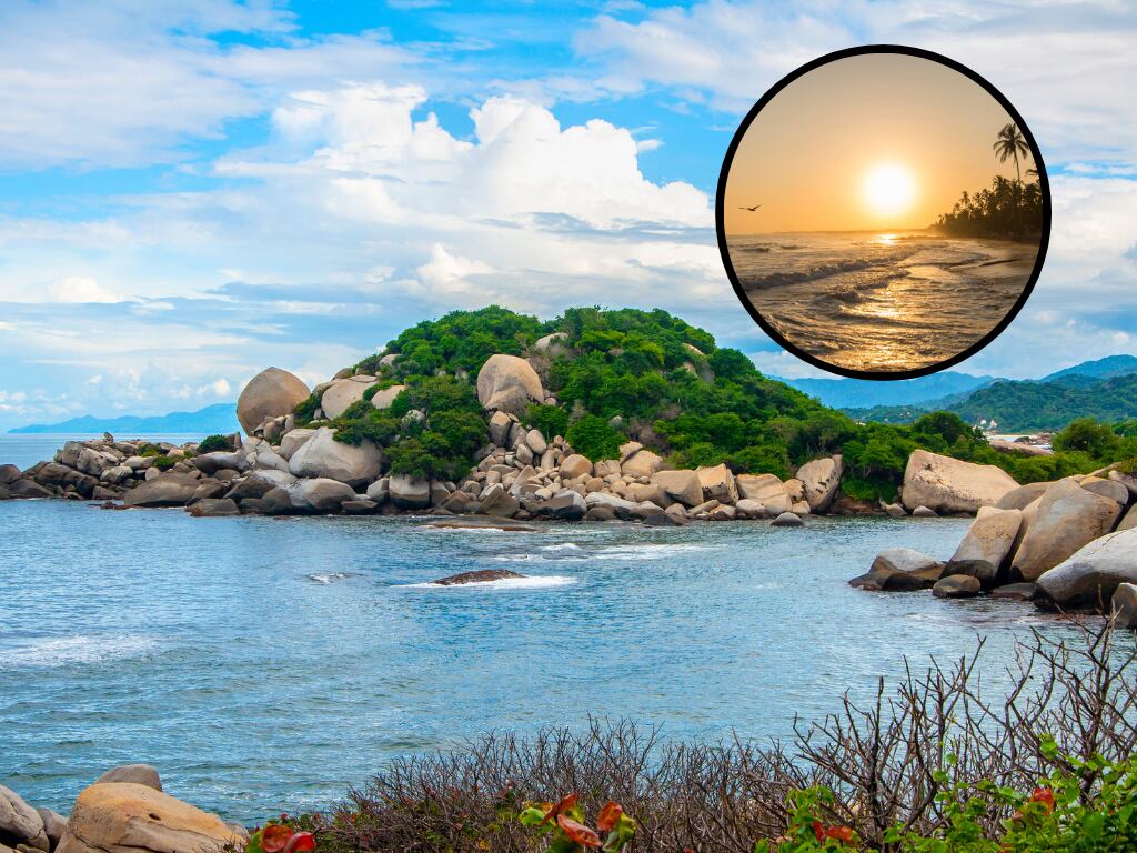 Vista de una parte del Parque Tayrona y de fondo un atardecer en la Playa Palomino (Fotos vía Getty Images)