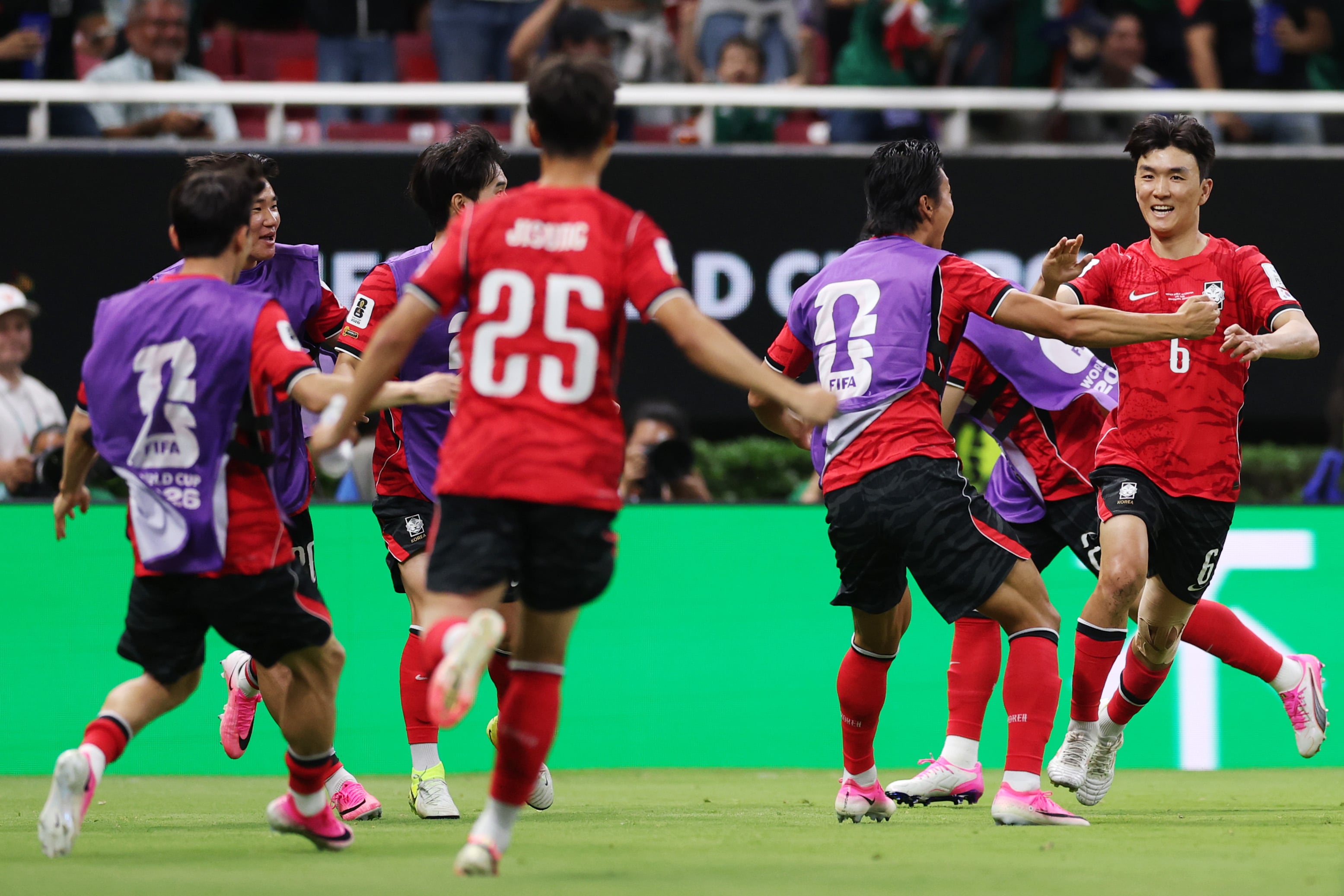 GUADALAJARA, MEXICO - JUNE 11: In-Beom Hwang #6 of Korea Republic celebrates scoring his team's first goal with team mates during the FIFA World Cup 2026 Group A match between Korea Republic and Czechia at Guadalajara Stadium on June 11, 2026 in Guadalajara, Mexico. (Photo by Michael Regan - FIFA/FIFA via Getty Images)