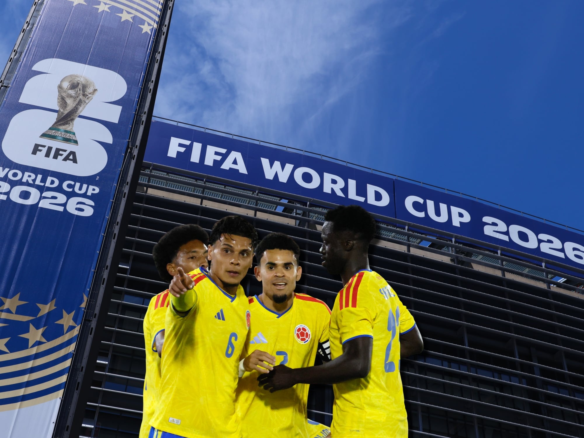 Logos de la FIFA y logo del Mundial 2026. Al frente, jugadores de la Selección Colombia. Fotos: Getty Images.