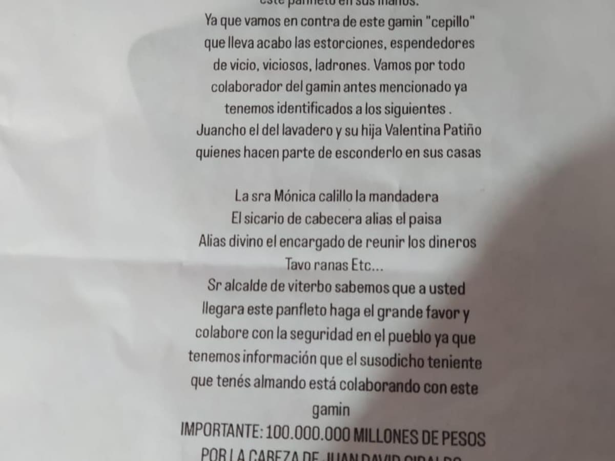 Panfletos amenazantes generan temor entre la comunidad de Viterbo, Caldas