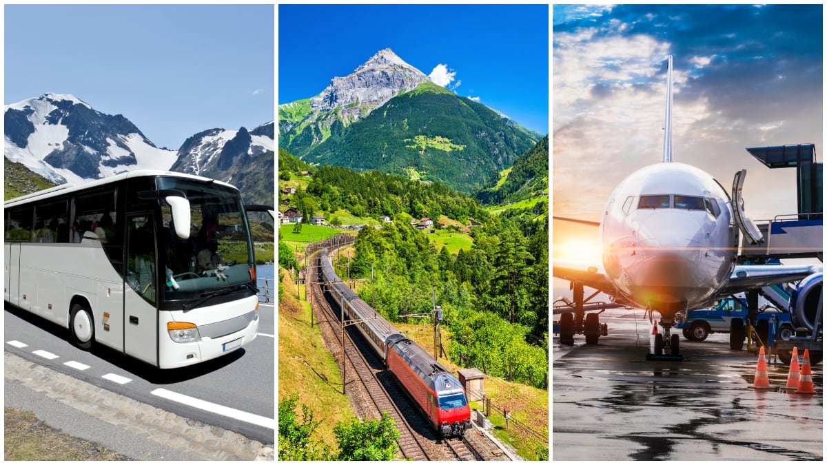 A la izquierda un bus, en el centro un tren y a la derecha un avión viajando por Europa / Fotos: GettyImages