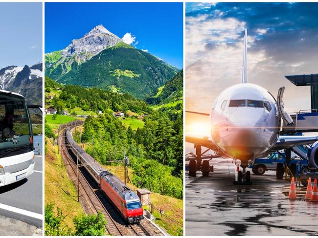 A la izquierda un bus, en el centro un tren y a la derecha un avión viajando por Europa / Fotos: GettyImages