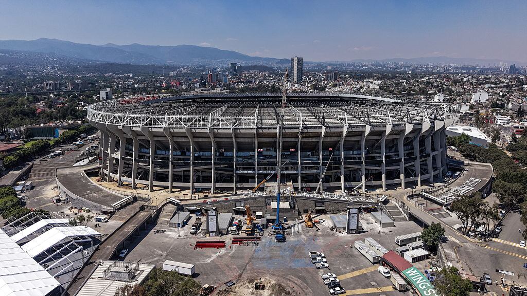 An aerial view of the Banorte Stadium shows the machinery that continues to work on the remodeling, in Mexico City, Mexico, on March 1, 2026 ahead of FIFA World Cup 2026. (Photo by Franco Uriel Perez Ramirez/NurPhoto via Getty Images)