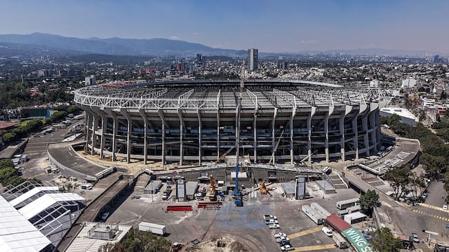 An aerial view of the Banorte Stadium shows the machinery that continues to work on the remodeling, in Mexico City, Mexico, on March 1, 2026 ahead of FIFA World Cup 2026. (Photo by Franco Uriel Perez Ramirez/NurPhoto via Getty Images)