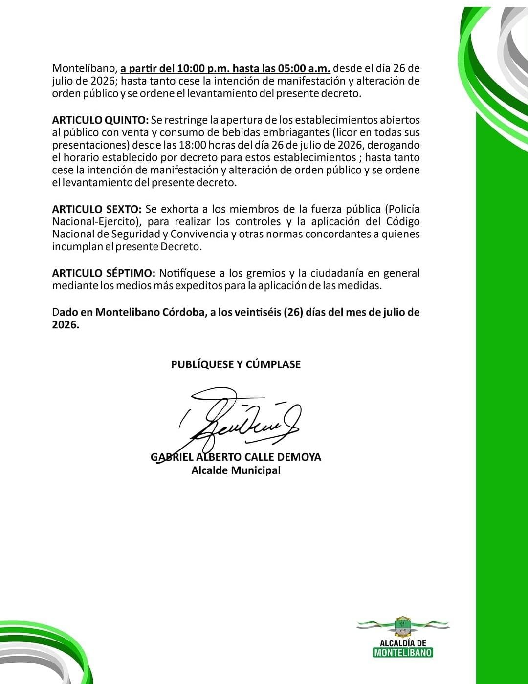 Decreto de la Alcaldía de Montelíbano.