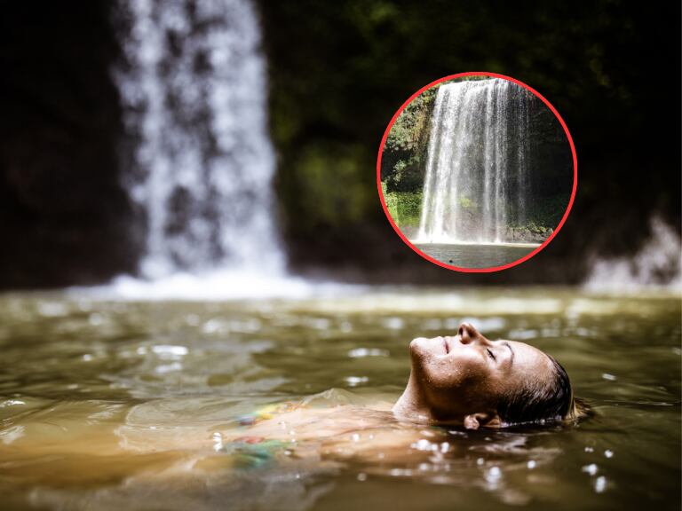 Persona disfrutando de un baño en una cascada y al fondo la cascada colombiana 'Telares de Cristal) (Fotos vía Getty Images y sitio web oficial del municipio de Mesetas, Meta)