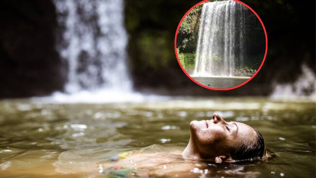 Persona disfrutando de un baño en una cascada y al fondo la cascada colombiana 'Telares de Cristal) (Fotos vía Getty Images y sitio web oficial del municipio de Mesetas, Meta)