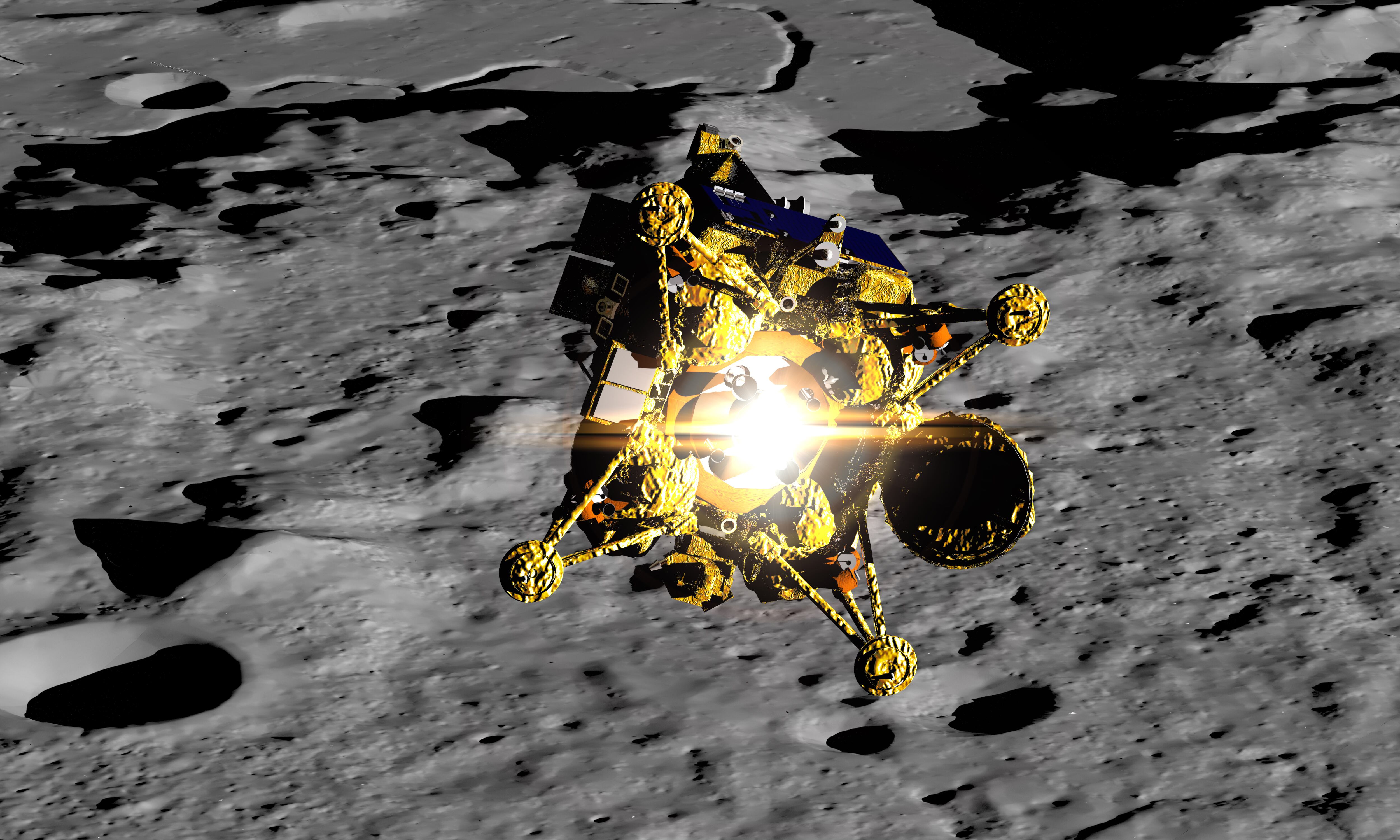 Luna 25 lander Programa de exploración lunar ruso 3D Render. Superficie de la luna de procesamiento 3D. Fot: Getty Images.