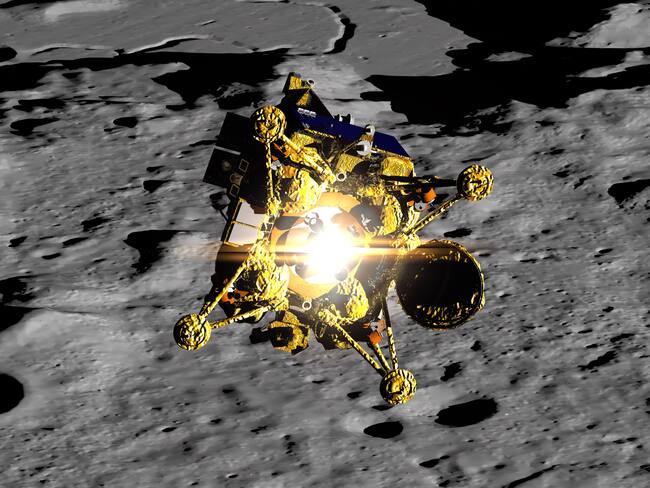Luna 25 lander Programa de exploración lunar ruso 3D Render. Superficie de la luna de procesamiento 3D. Fot: Getty Images.