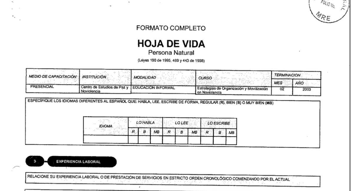 Hoja de vida de Oscar Muñoz | No registra dominio de un segundo idioma