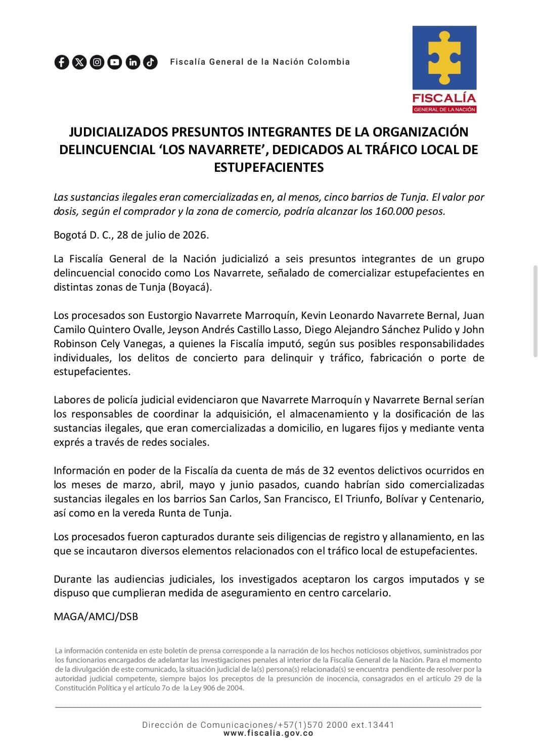 Comunicado de la Fiscalía General de la Nación, sobre la judicialización de 'Los Navarrete' en Tunja, Boyacá.