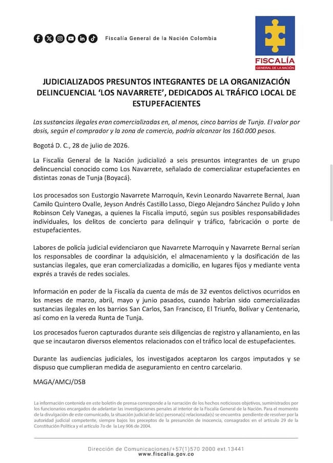 Comunicado de la Fiscalía General de la Nación, sobre la judicialización de 'Los Navarrete' en Tunja, Boyacá.