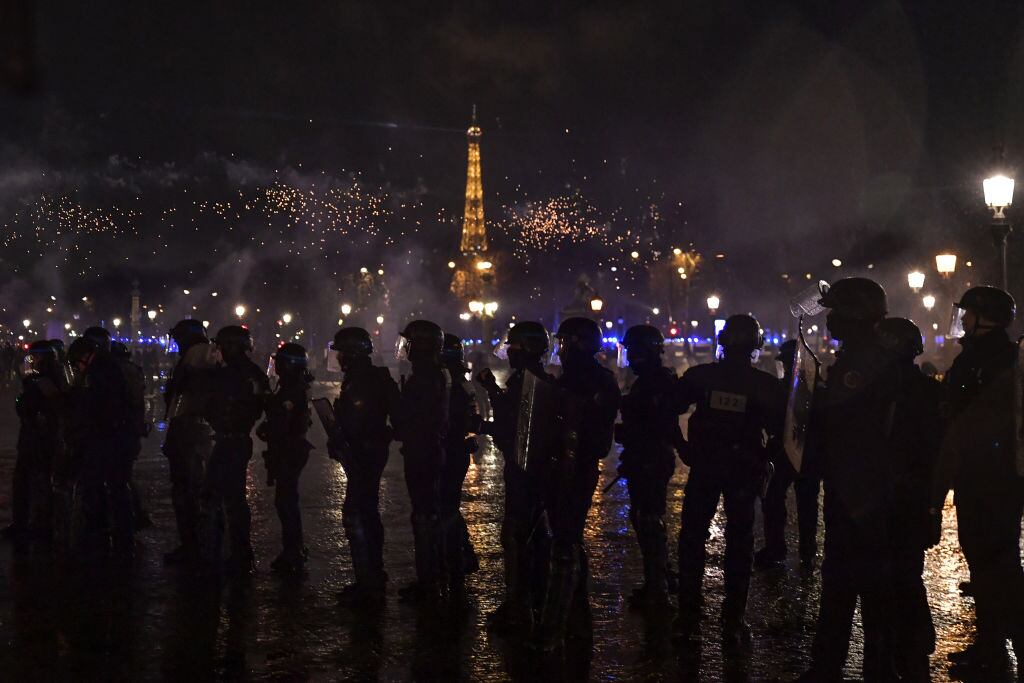 PARIS, FRANCE - MARCH 17: Riot police take security measures during the demonstration against the French Government's pension reform in Paris, France on March 17, 2023. Yesterday, the French Government pushed their pension reform through parliament without a vote after enacting article 49.3 of the constitution. (Photo by Firas Abdullah/Anadolu Agency via Getty Images)