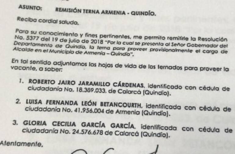 Partido Liberal envió terna al gobernador del Quindío para designar alcalde Armenia