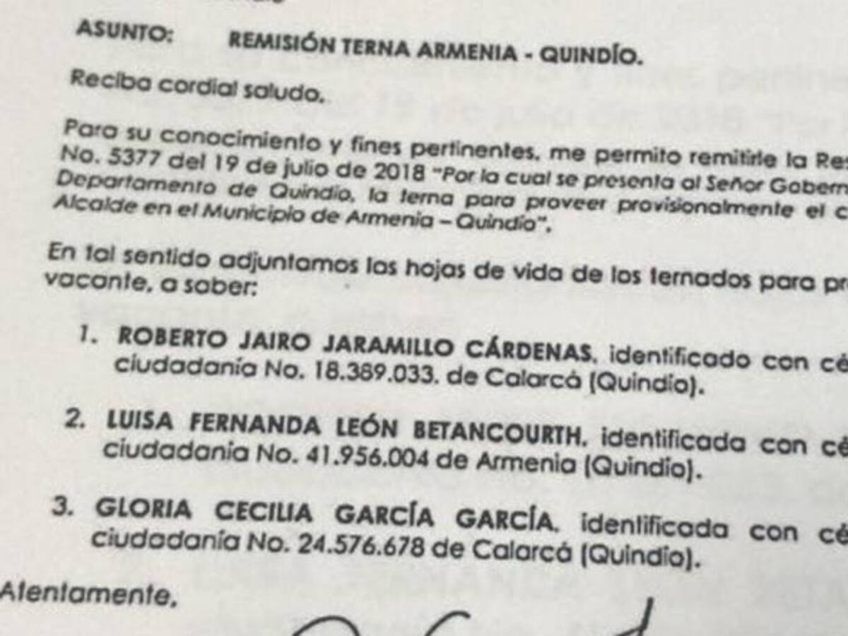 Partido Liberal envió terna al gobernador para que designe alcalde Armenia