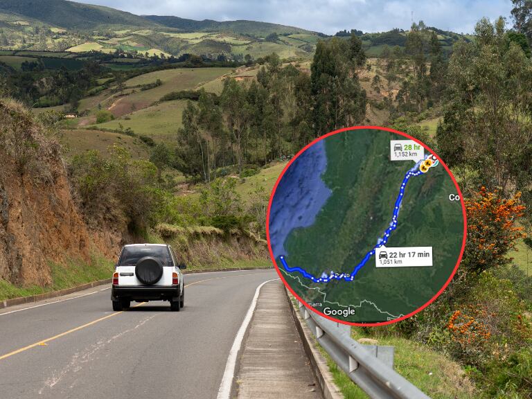 Coche blanco en una carretera en un paisaje colombiano de montañas / Mapa de carretera larga en Colombia (Getty Images)