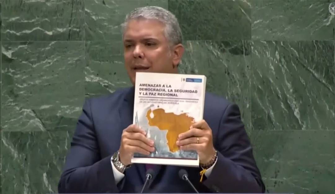 El expresidente Iván Duque durante su participación en la Asamblea de Naciones Unidas denunciando a Nicolás Maduro.           Foto: Cortesía Presidencia. 