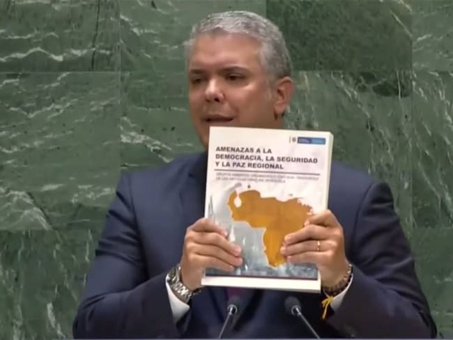 El expresidente Iván Duque durante su participación en la Asamblea de Naciones Unidas denunciando a Nicolás Maduro.           Foto: Cortesía Presidencia. 