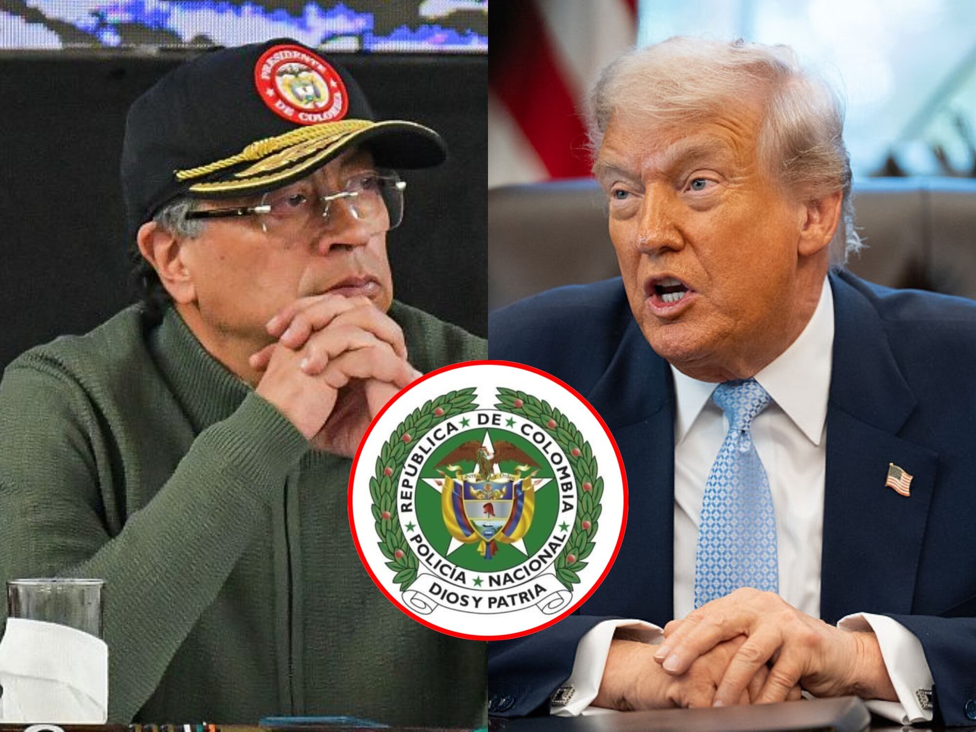 Gustavo Petro, Donald Trump y logo de la Policía de Colombia. Fotos: Gustavo Petro y Donald Trump. Fotos: (Photo by: Camilo Erasso/Long Visual Press/Universal Images Group via Getty Images) / (Photo by Sarah L. Voisin/The Washington Post via Getty Images) / X @PoliciaColombia