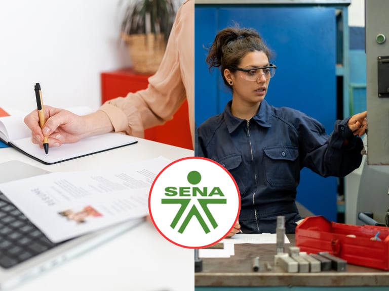 Auxiliar de producción en su entorno laboral, una aplicación laboral y el logo del SENA (Fotos vía Getty Images y COLPRENSA)