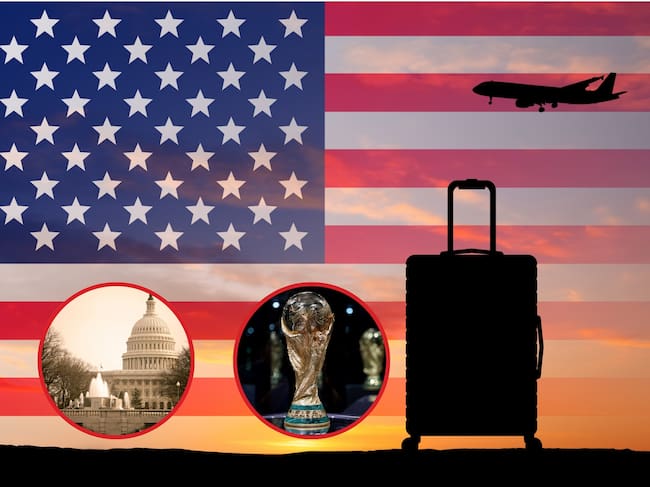De fondo: Imágenes alusivas de migración hacia estados unidos, con un avión, equipaje y una imagen translúcida de la bandera del país norteamericano. Abajo a la izquierda hay fotos de la Copa Mundial de la FIFA y el Departamento de Estado (Cortesía: Getty Images)