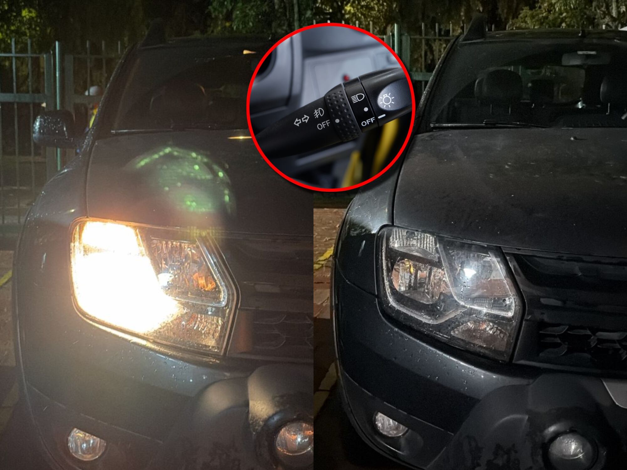 Carro en Colombia con las luces encendidas y apagadas durante la noche. En el círculo, palanca de encendido y apagado de las luces de un carro. Fotos: Caracol Radio y Getty Images.