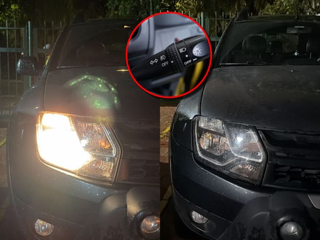 Carro en Colombia con las luces encendidas y apagadas durante la noche. En el círculo, palanca de encendido y apagado de las luces de un carro. Fotos: Caracol Radio y Getty Images.