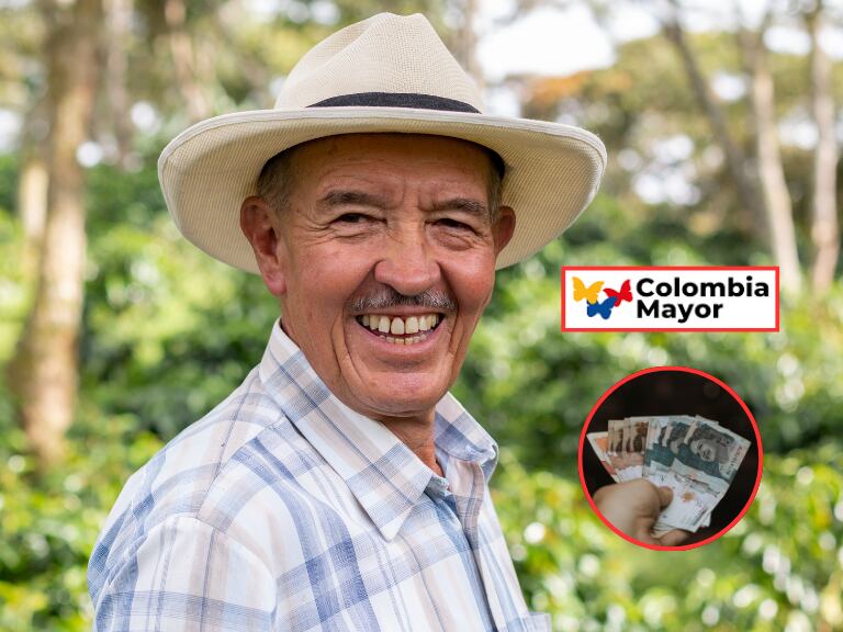 Adulto mayor sonriendo y al lado el logo de Colombia mayor y unos billetes colombianos (Fotos vía Getty Images y programa de Colombia Mayor)