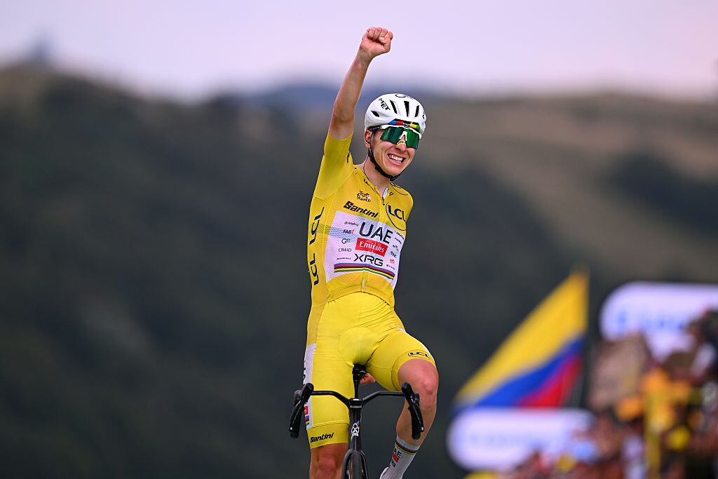 LE MARKSTEIN, FRANCE - JULY 18: Tadej Pogacar of Slovenia and UAE Team Emirates - XRG - Yellow Leader Jersey celebrates at finish line as stage winner during the 113th Tour de France 2026 - Stage 14 a 155.3km a 155.3km stage from Mulhouse to Le Markstein 1189m / #UCIWT / on July 18, 2026 in Le Markstein, France. (Photo by Tim de Waele/Getty Images)