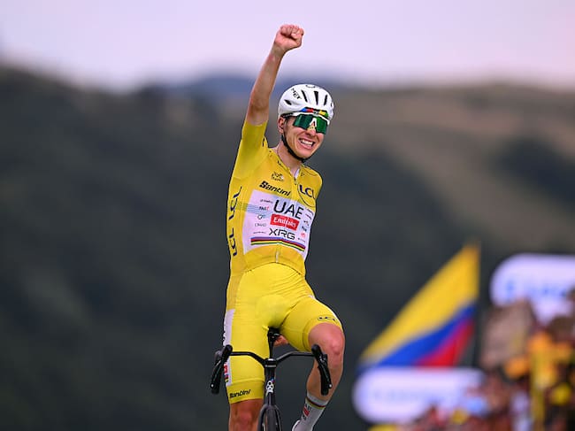 LE MARKSTEIN, FRANCE - JULY 18: Tadej Pogacar of Slovenia and UAE Team Emirates - XRG - Yellow Leader Jersey celebrates at finish line as stage winner during the 113th Tour de France 2026 - Stage 14 a 155.3km a 155.3km stage from Mulhouse to Le Markstein 1189m / #UCIWT / on July 18, 2026 in Le Markstein, France. (Photo by Tim de Waele/Getty Images)