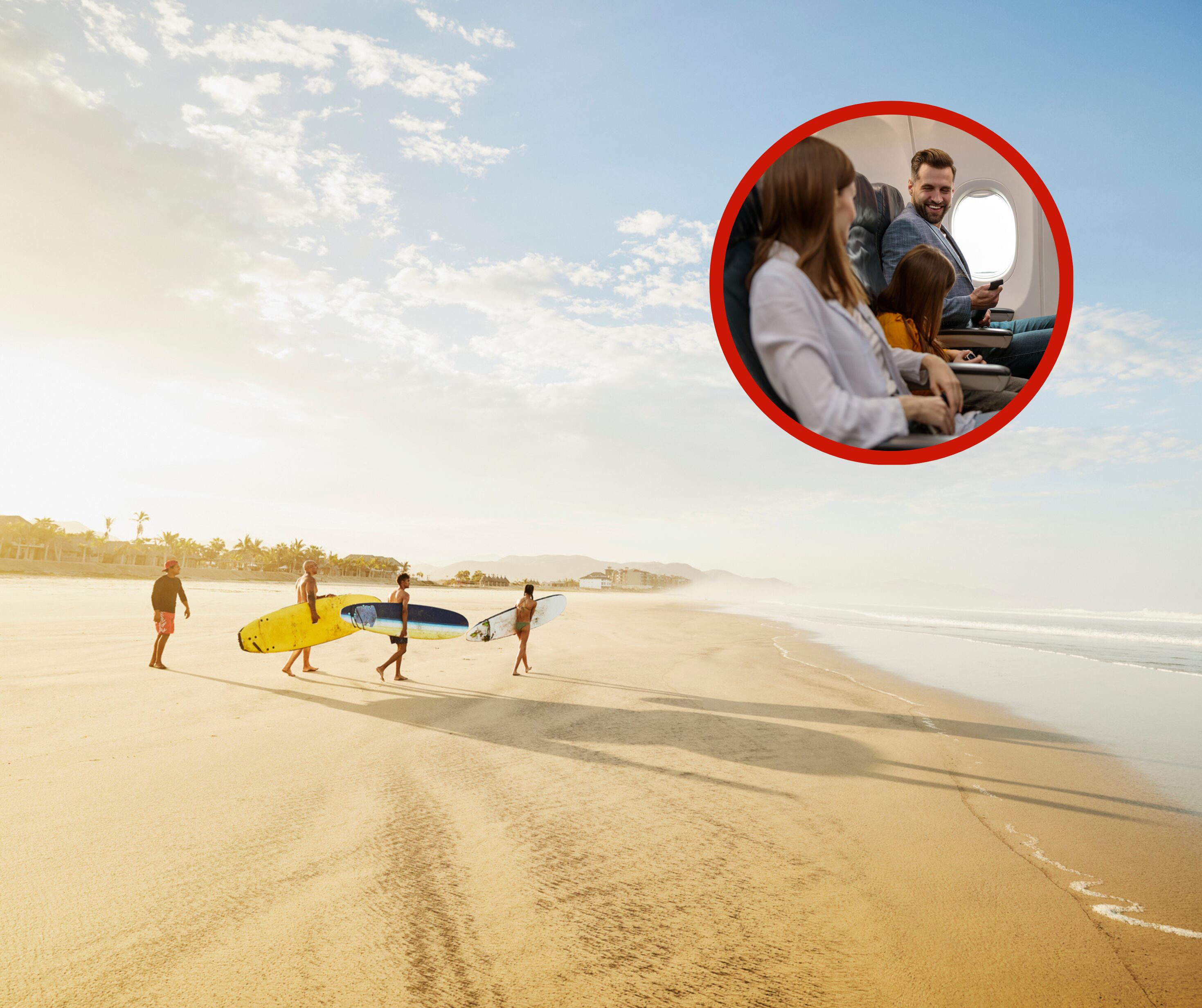 Personas en la playa con tablas de surf junto a una familia que viaja en avión (Foto vía Getty Images)