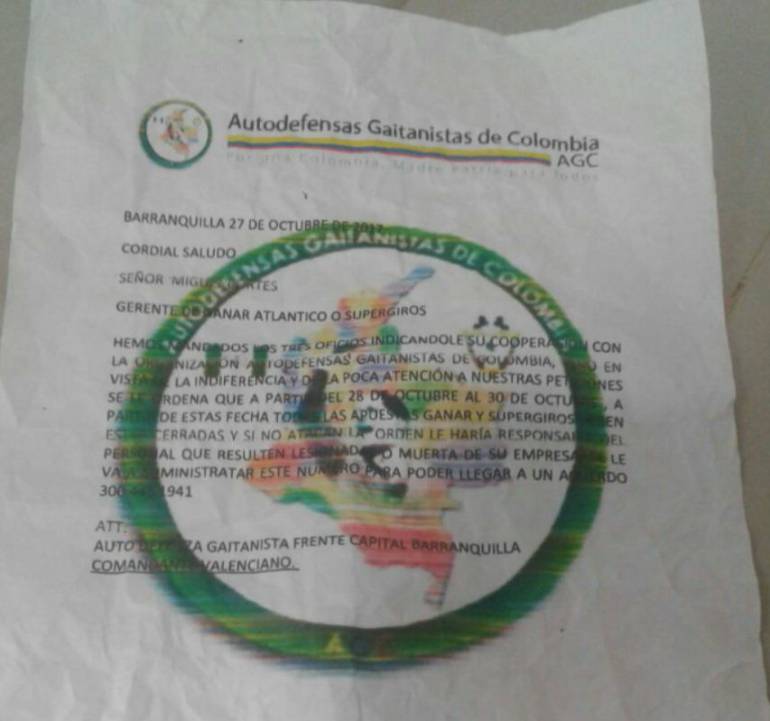 Panfleto que aparece firmado por las Autodefensas Gaitanistas de Colombia