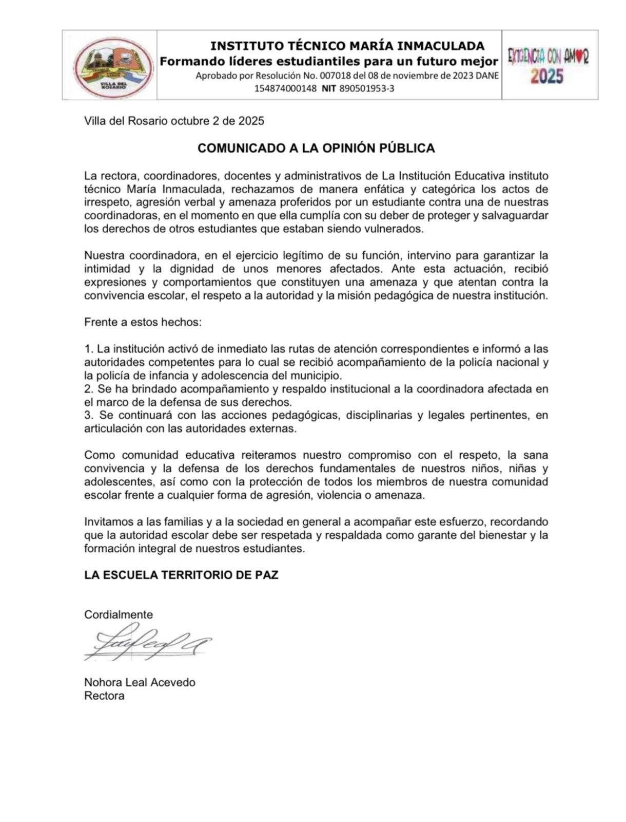 Comunicado de la Institución Educativa María Inmaculada de Villa del Rosario. / Foto: Cortesía.