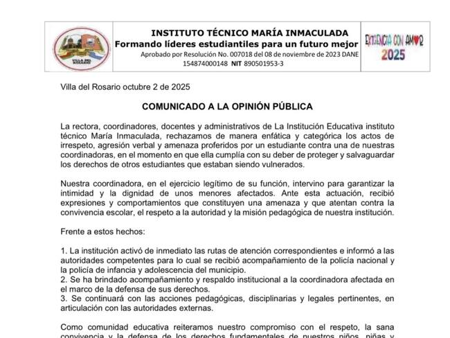 Comunicado de la Institución Educativa María Inmaculada de Villa del Rosario. / Foto: Cortesía.