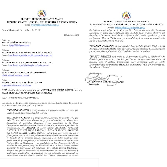 Auto del Juzgado Cuarto Laboral del Circuido de Santa Marta