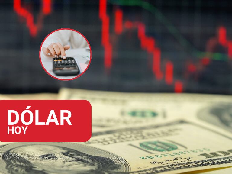 El dolar en caída y de fondo una persona haciendo cuentas en la calculadora  (Fotos vía Getty Images)