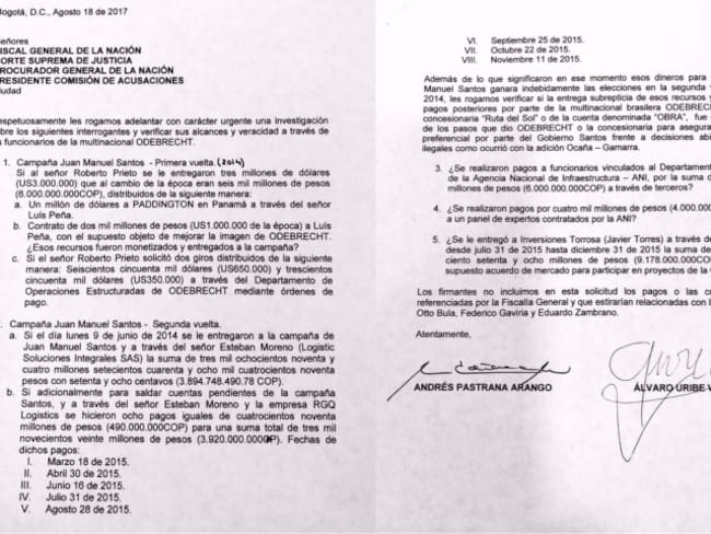 Uribe y Pastrana piden investigar otros supuestos sobornos de Odebrecht