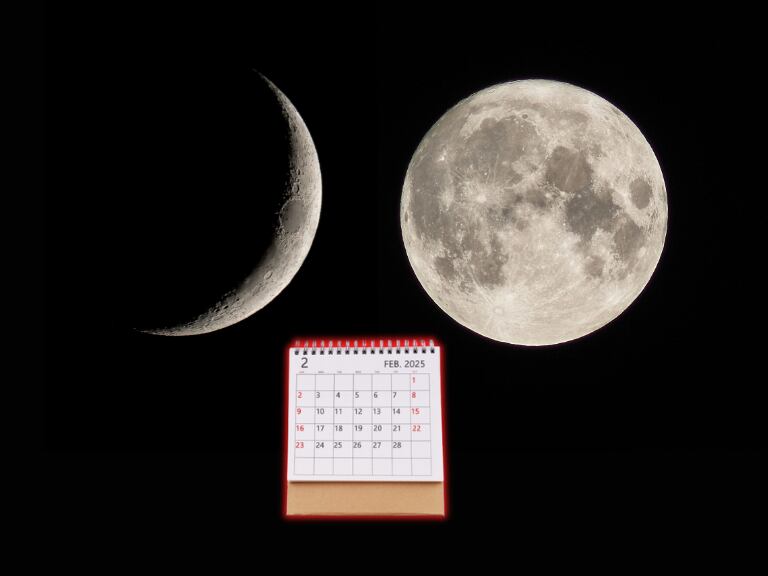 Fases de Luna Llena y Luna Creciente y abajo un calendario de febrero del 2025 (Fotos vía Getty Images)