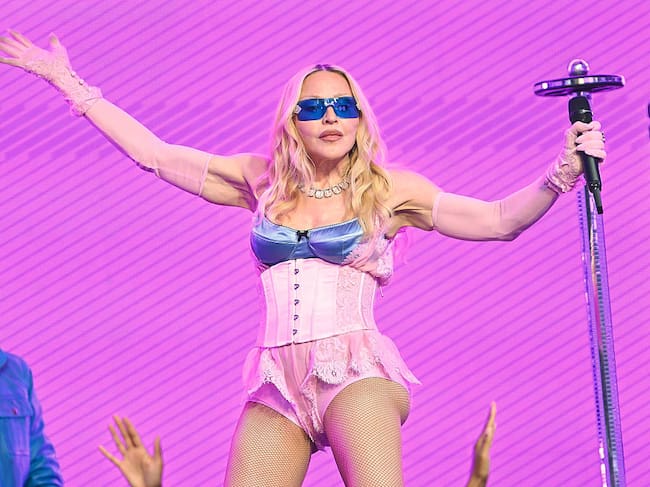 NEW YORK, NEW YORK - JUNE 04: Madonna is seen performing a surprise concert in Times Square on June 04, 2026 in New York City. (Photo by James Devaney/GC Images)
