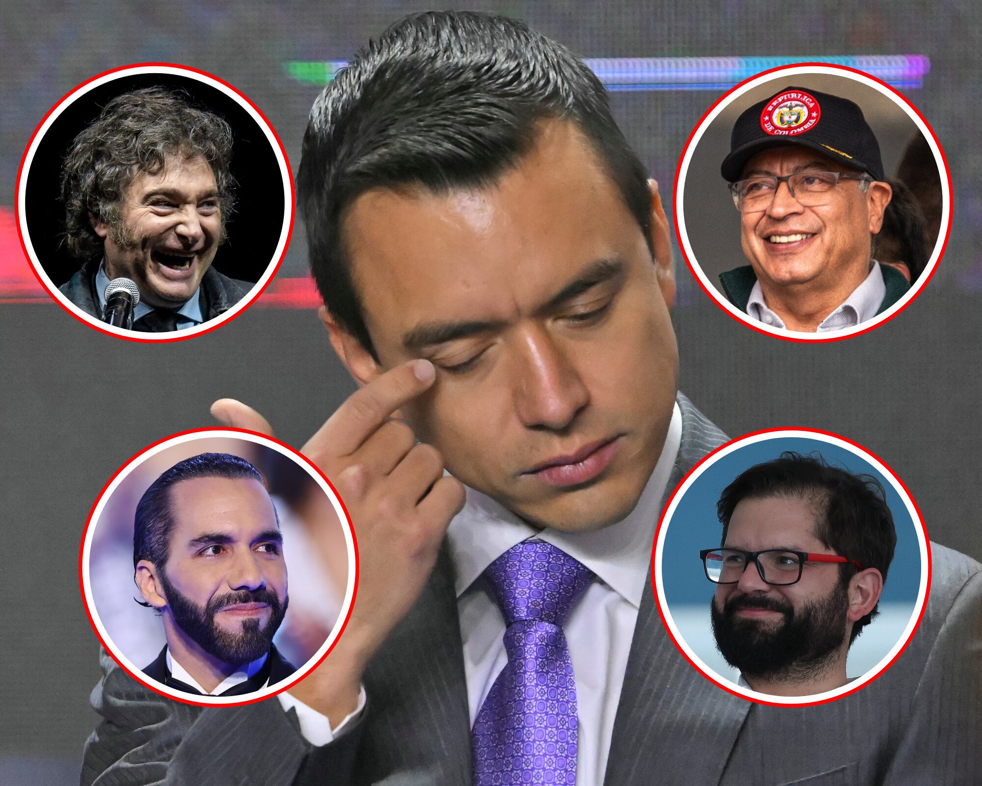 El presidente de Ecuador, Daniel Noboa. En los círculos el presidente de Argentina, Javier Milei (SI), Colombia, Gustavo Petro (SD), El Salvador, Nayib Bukele (II) y de Chile, Gabriel Boric (ID).
(Foto: Caracol Radio / Getty )