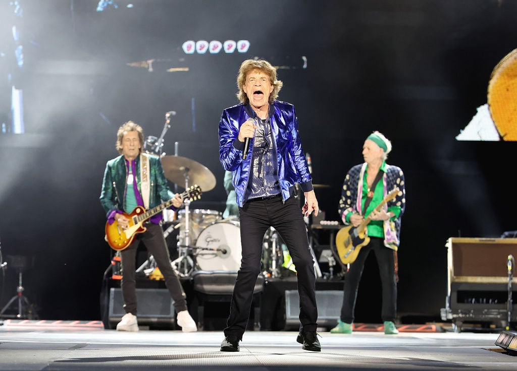 RIDGEDALE, MISSOURI - JULY 21: (L - R) Ronnie Wood, Mick Jagger and Keith Richards of The Rolling Stones perform during the final night of the Hackney Diamonds '24 Tour at Thunder Ridge Nature Arena on July 21, 2024 in Ridgedale, Missouri. (Photo by Gary Miller/Getty Images)