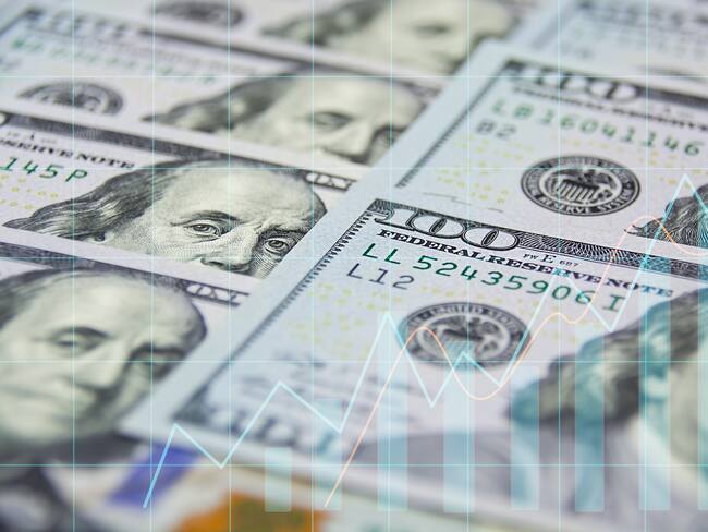 Dólares de denominación $100 USD, con una gráfica de análisis de datos financieros (Getty Images)