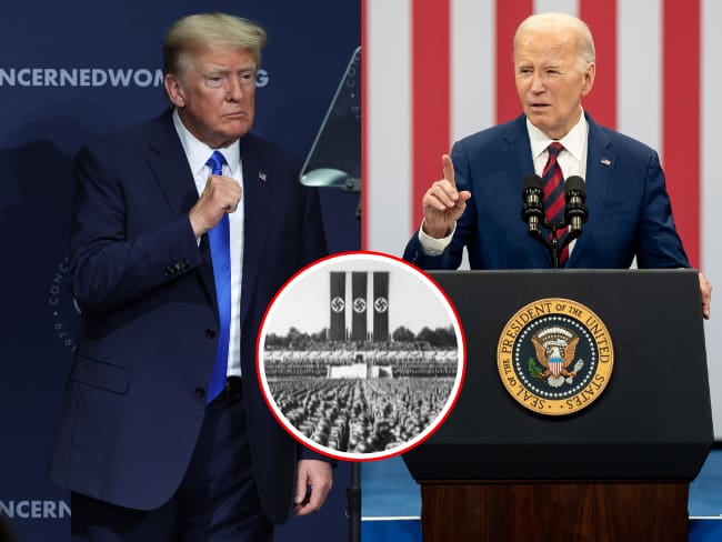 El expresidente estadounidense Donald Trump (i), el presidente actual de Estados Unidos, Joe Biden (d) y en el círculo imagen de archivo de la Alemania nazi.
(Foto: Caracol Radio / Getty )