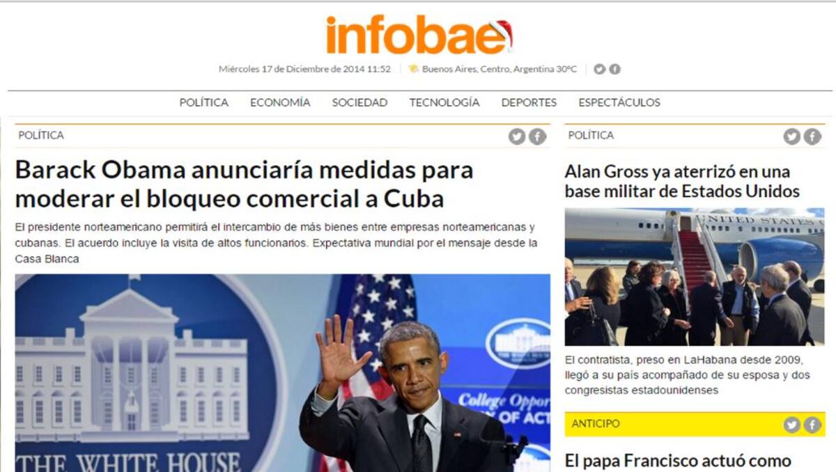 Las portadas de varios diario y sitios web destacaron ampliamente la orden que dio Obama para restablecer las relaciones entre los dos países.