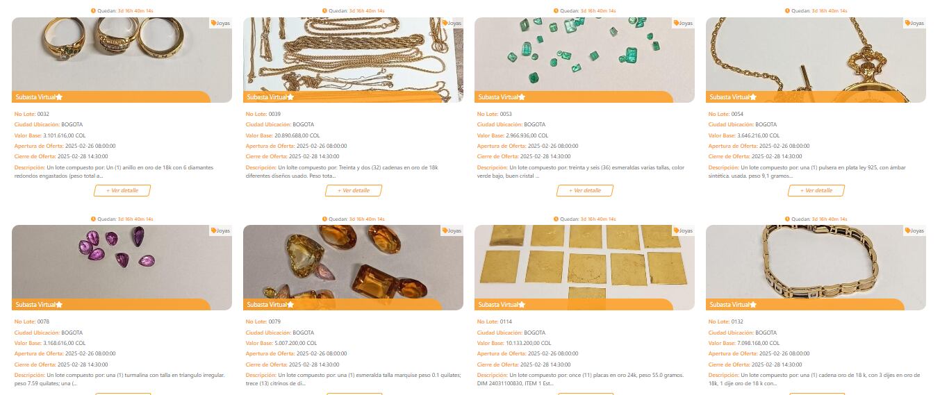 Catálogo de la DIAN para subasta de joyas y metales preciosos. Imagen tomada de El Portal Martillo