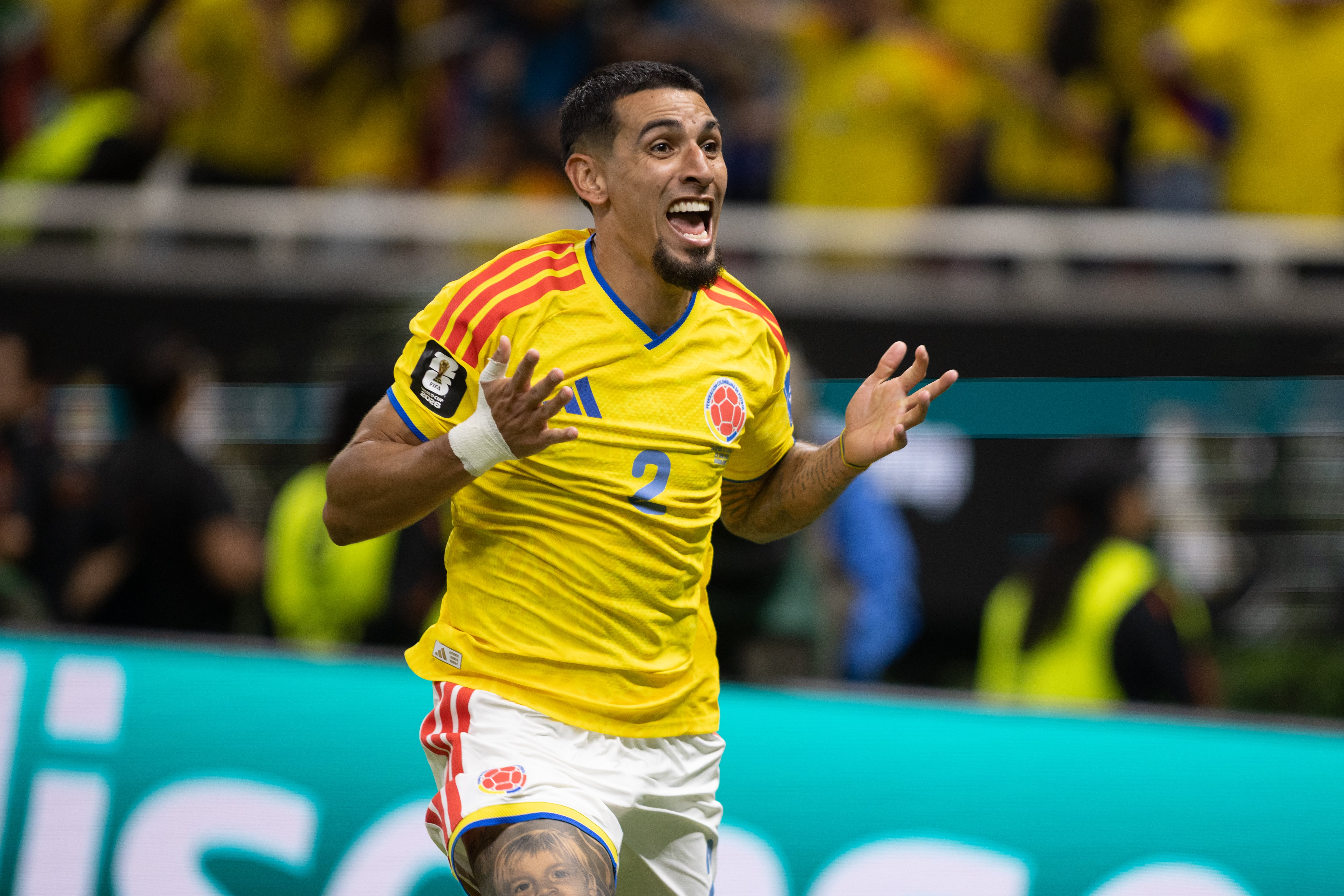 ZAPOPAN, MEXICO - JUNE 23: Daniel Munoz #2 of Colombia celebrates after scoring a goal in the second half during the FIFA World Cup 2026 Group K match between Colombia and Congo DR at Guadalajara Stadium on June 23, 2026 in Zapopan, Mexico. (Photo by Doug Zimmerman/ISI Photos/ISI Photos via Getty Images)