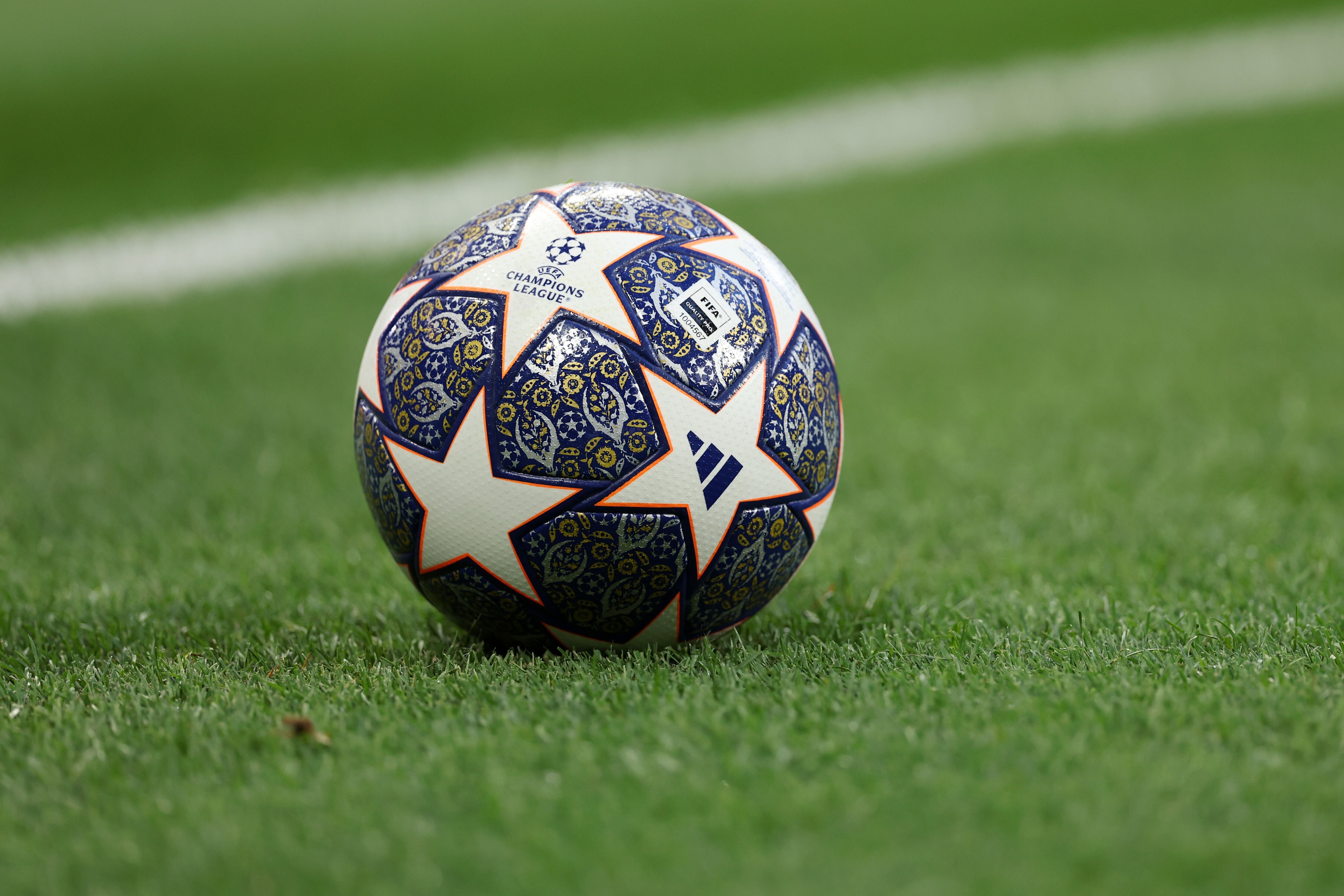 MADRID, SPAIN - MAY 09: A detailed view of the adidas UEFA Champions League match ball prior to the UEFA Champions League semi-final first leg match between Real Madrid and Manchester City FC at Estadio Santiago Bernabeu on May 09, 2023 in Madrid, Spain. (Photo by Julian Finney/Getty Images)