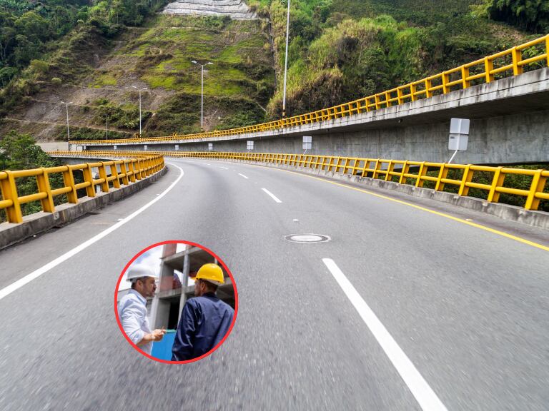 Vía en Colombia y dos trabajadores de la construcción hablando (Fotos vía Getty Images)